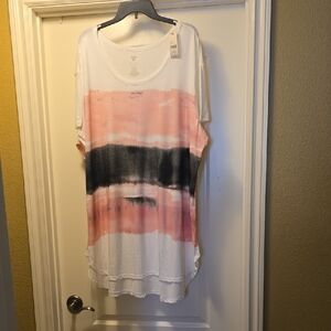 Lane Bryant White Tunic Top with Pink and Black Stripe Tie-Dye